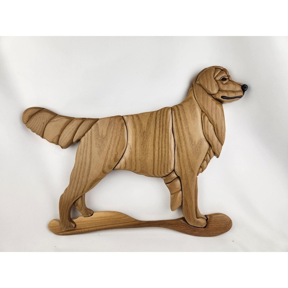 Large Wood Hand Crafted Intarsia Golden Retriever Handmade Wall Art Artisan Dog